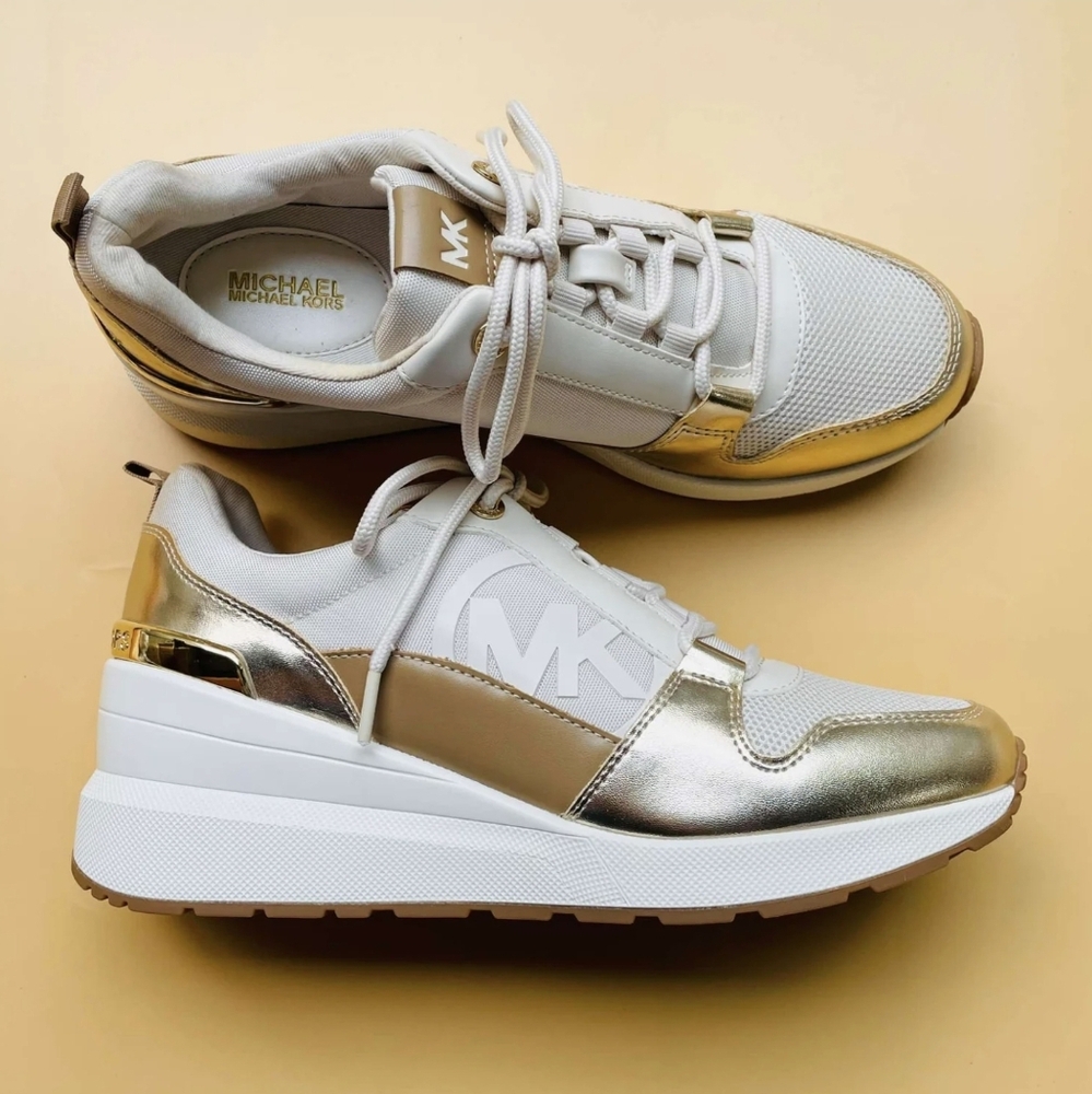 Michael Kors White and Gold Platform Wedge Sneakers